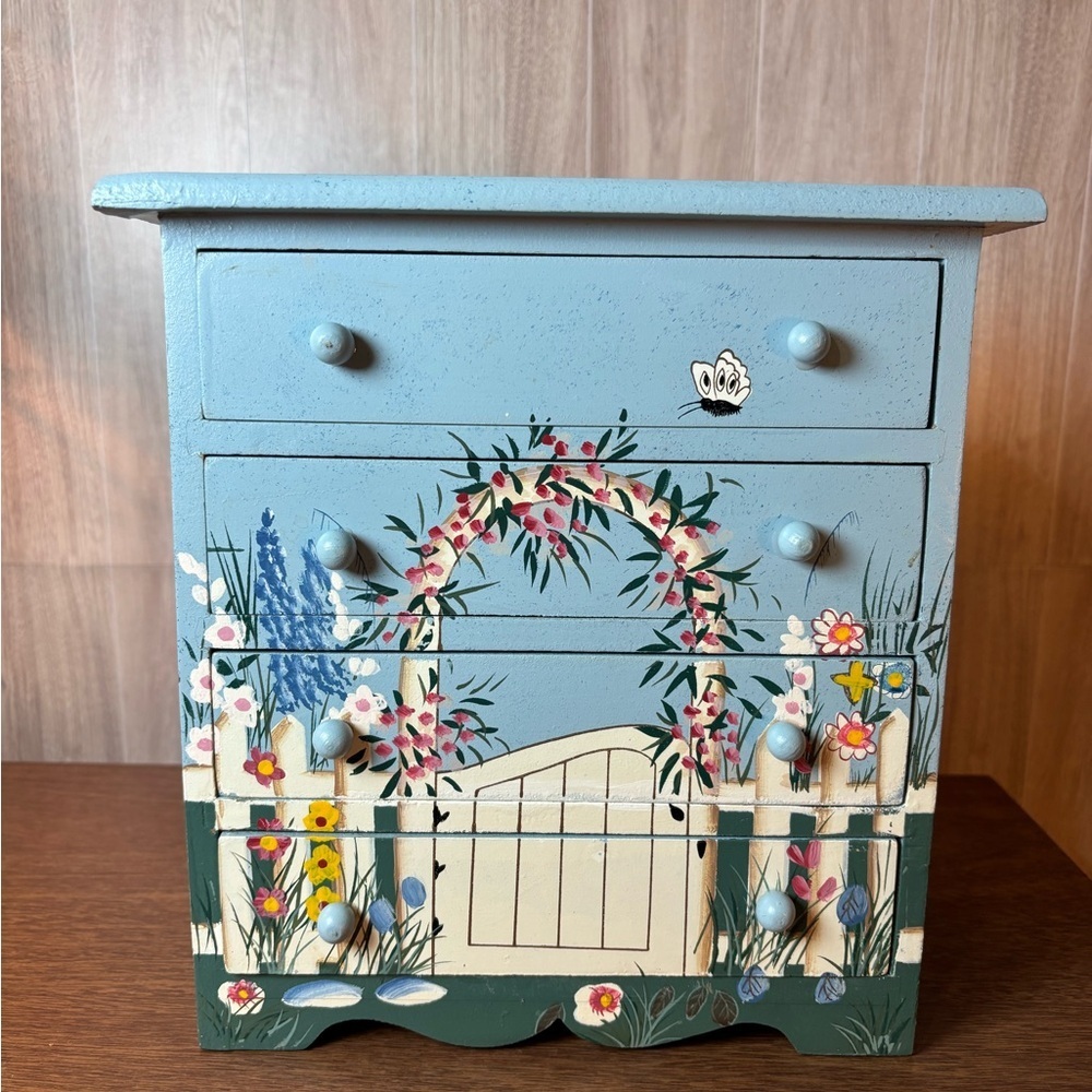 Vintage Gorgeous Hand-Painted Floral Garden Jewelry Chest - Blue